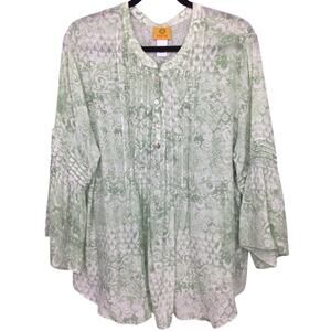 Ruby Rd Boho Cottagecore Patchwork Silky Gauze Ruffled Henley Blouse Size XL